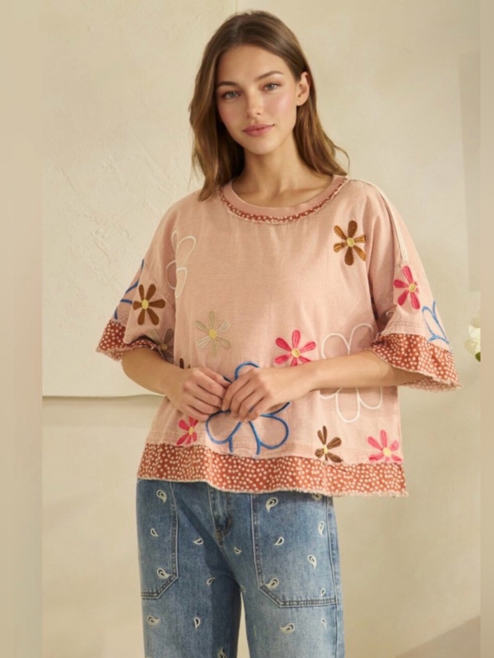 Oli & Hali Floral Embroidered Pink Cotton Blend Women's Top
